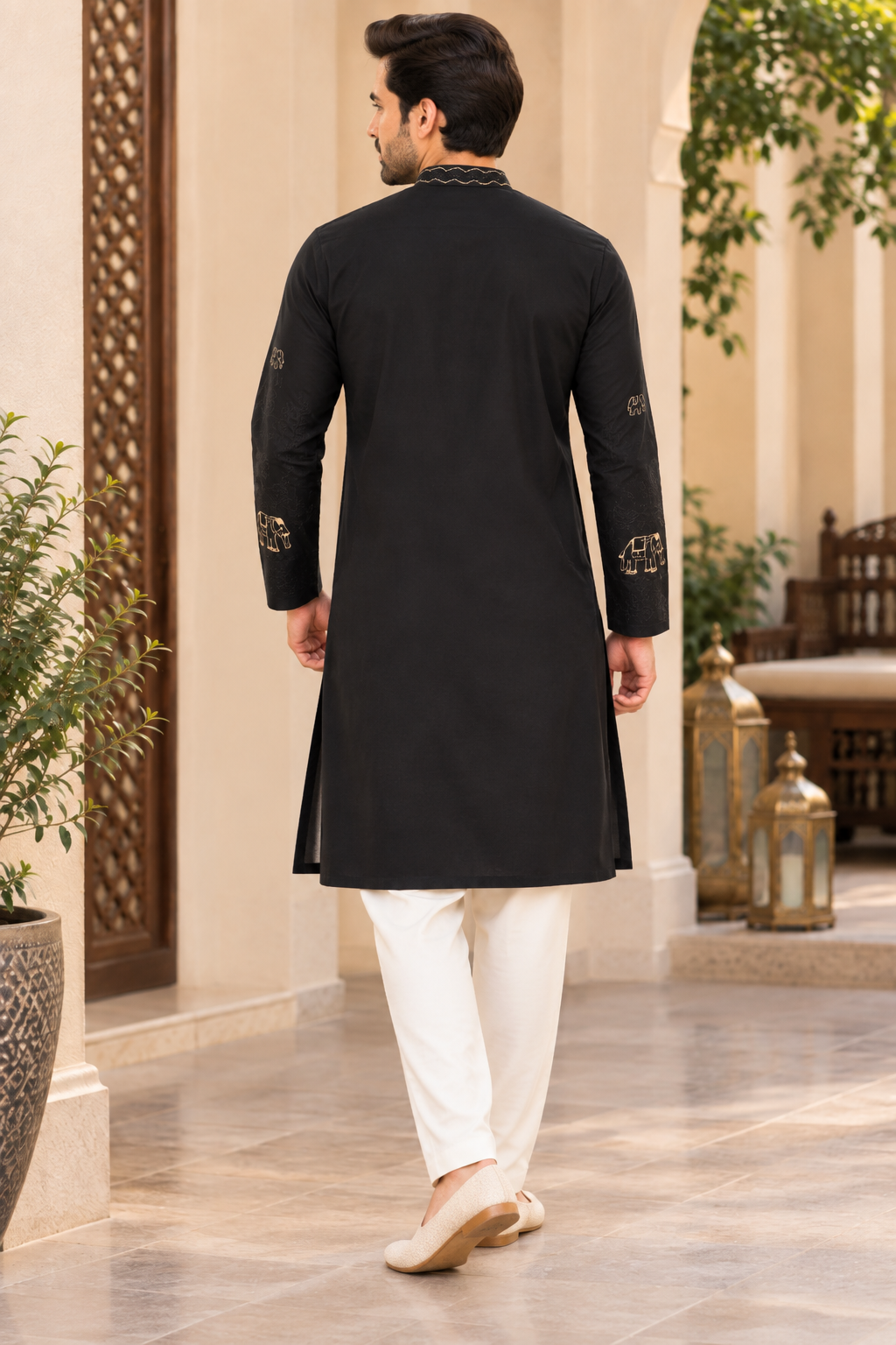KPD6322 Black Elephant Embroidered Kurta for Men