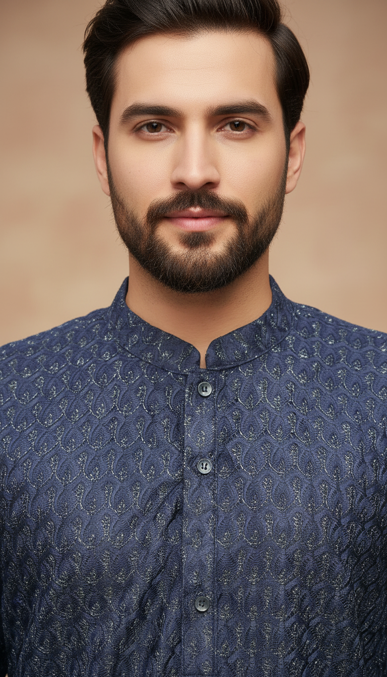 Man wearing a blue patterned kurta