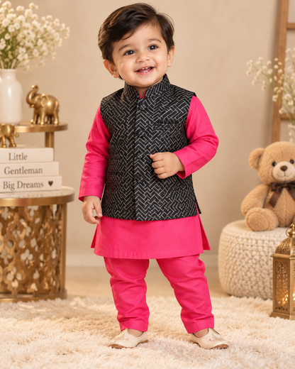 KPK2031 Pink Kurta Pyjama Set with Black Jacquard Nehru Jacket