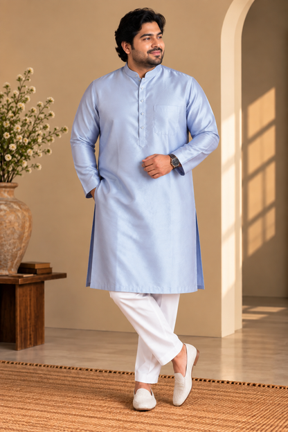 KPD4113 Plus Size Blue Silk-Blend Kurta with White Pyjama