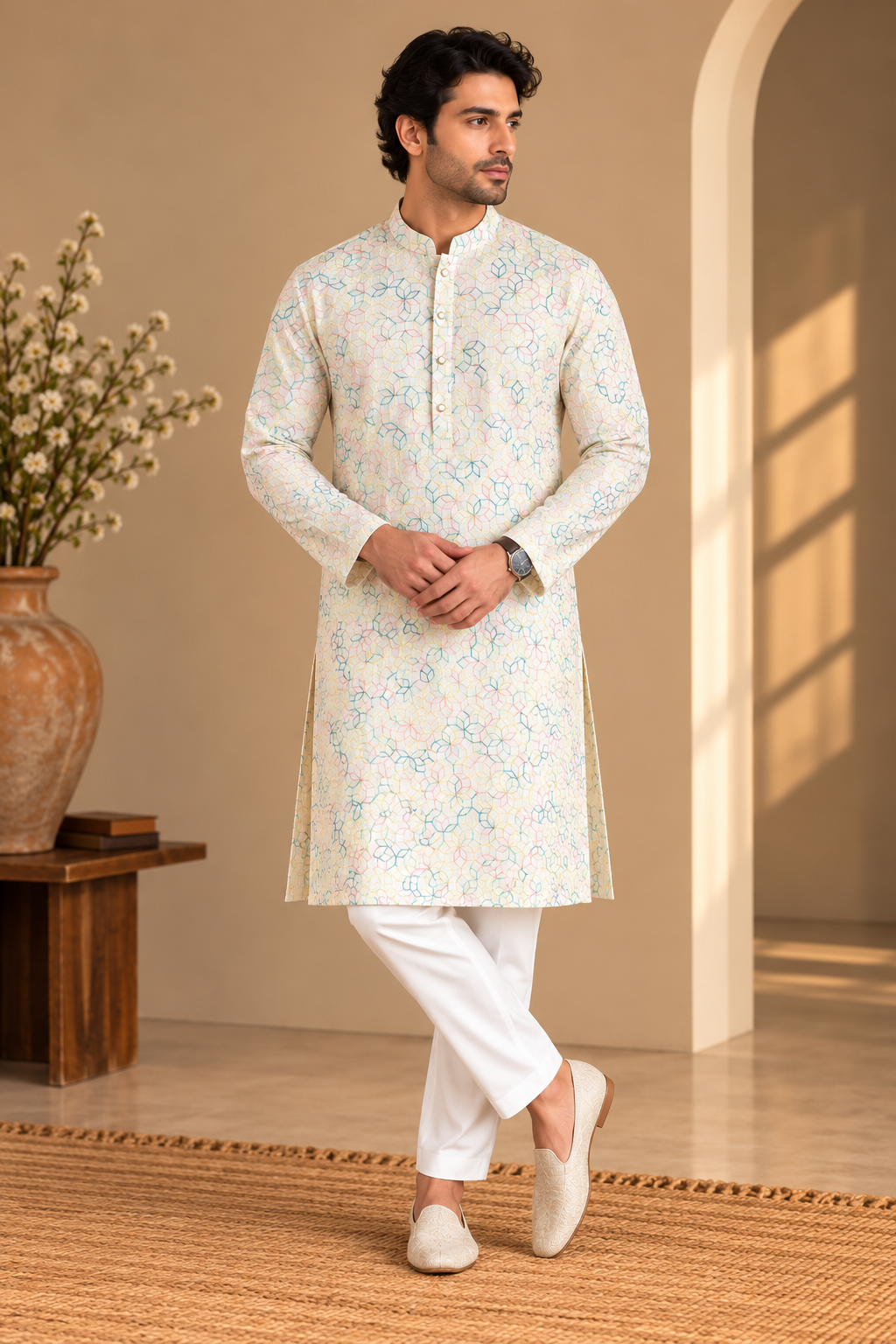 KPD4112 Plus Size Ivory Pastel Threadwork Kurta with White Pyjama