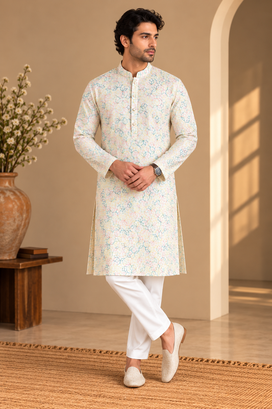 KPD4112 Plus Size Ivory Pastel Threadwork Kurta with White Pyjama