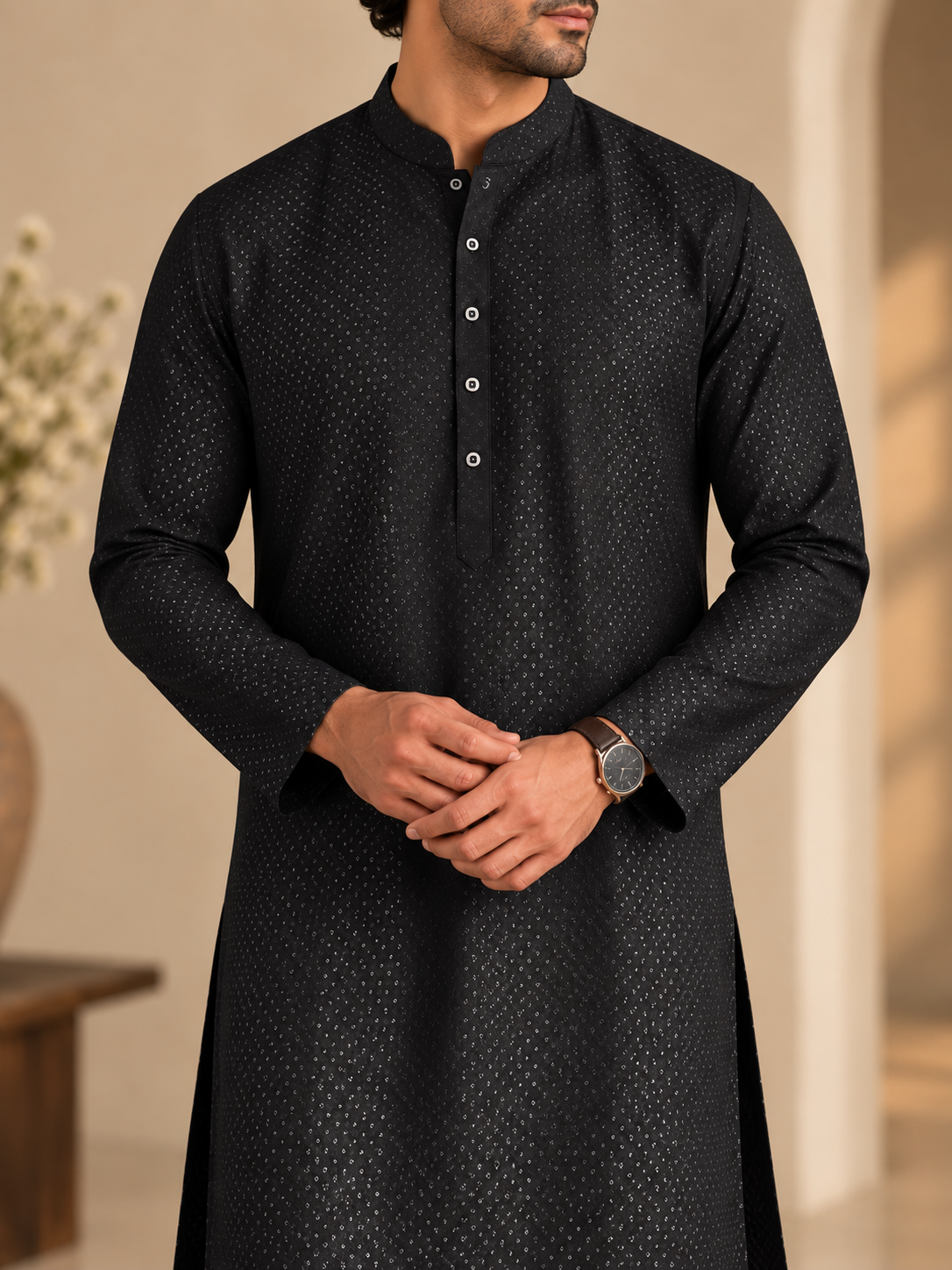 KPD6299 Jet Black Micro-Dot Designer Kurta Pyjama Set