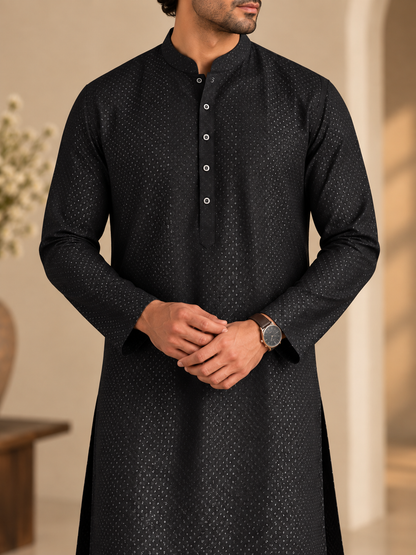 KPD6299 Jet Black Micro-Dot Designer Kurta Pyjama Set