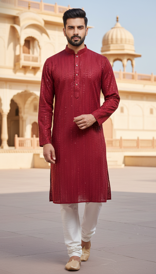 KPD6062 Red Lucknowi Kurta Pyjama Set