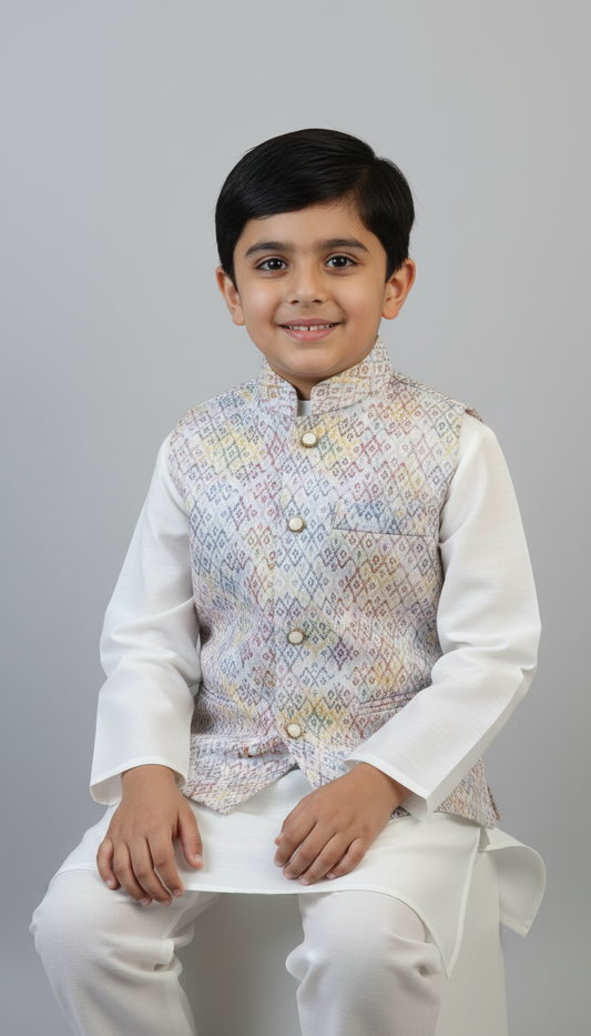 KPK7079 White Kurta and Multi Color Nehru Jacket 5-6y