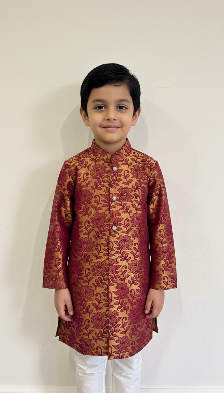 KPK7005 Designer Mahroon with Gold Kurta With White Pyjama Set 4-5 y