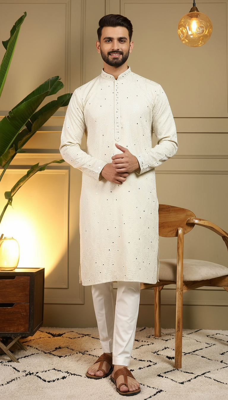 Off-white mirror work kurta pyjama