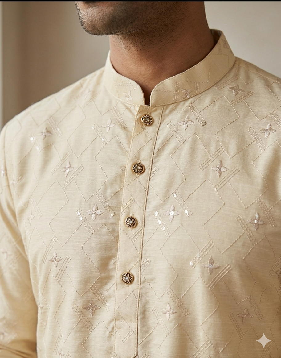 KPD6247 Cream Sequins & Thread Work Kurta Pyjama Set