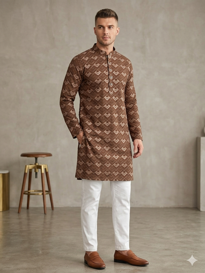 KPD6245 Brown Threadwork Kurta – Soft Fabric