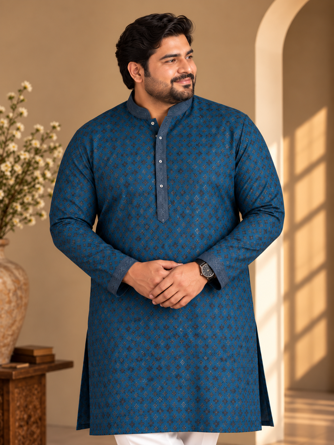 KPD4115 Plus Size Teal Blue Sequin Embroidered Kurta with White Pyjama