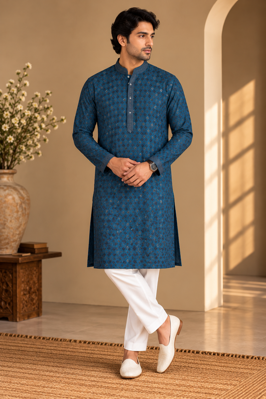 KPD4115 Plus Size Teal Blue Sequin Embroidered Kurta with White Pyjama