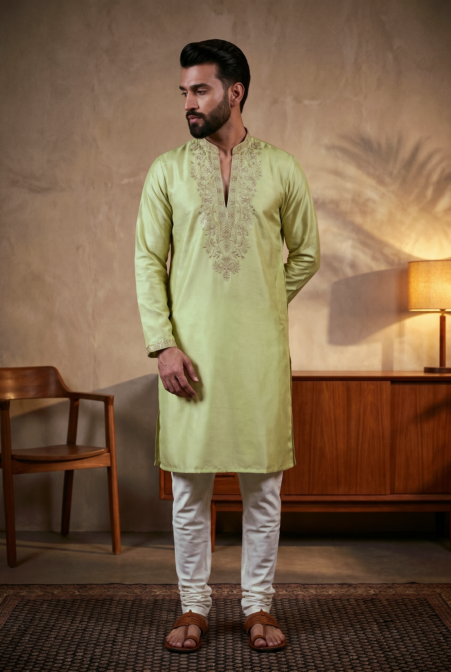 KPD6289 Pistachio Green Embroidered V-Neck Kurta