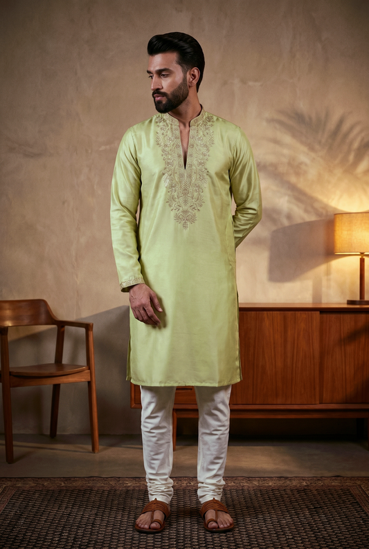 KPD6289 Pistachio Green Embroidered V-Neck Kurta