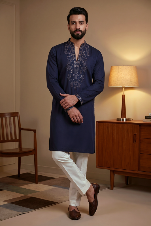 KPD6287 Midnight Navy Embroidered V-Neck Kurta