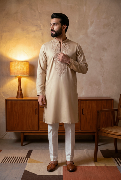 KPD6288 Champagne Beige Embroidered V-Neck Kurta
