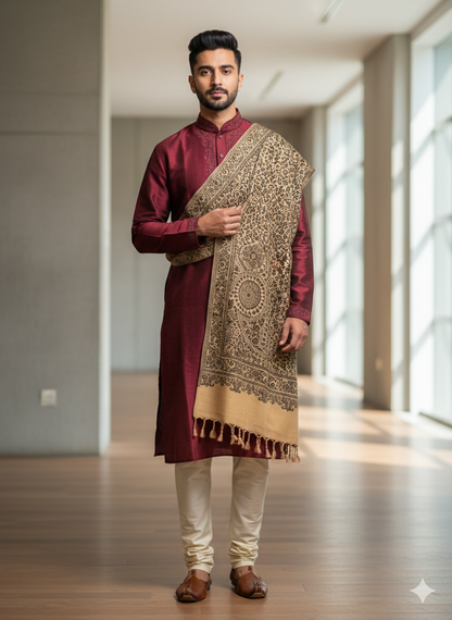 Man wearing a maroon kurta with a beige and brown patterned shawl in a modern indoor setting.