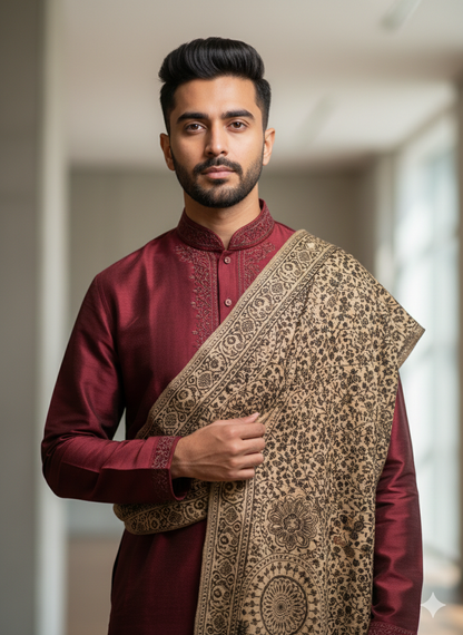 Man wearing a maroon kurta with a patterned shawl in an indoor setting