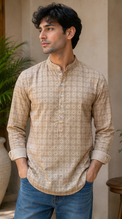 Beige Short Cotton Kurta for Men