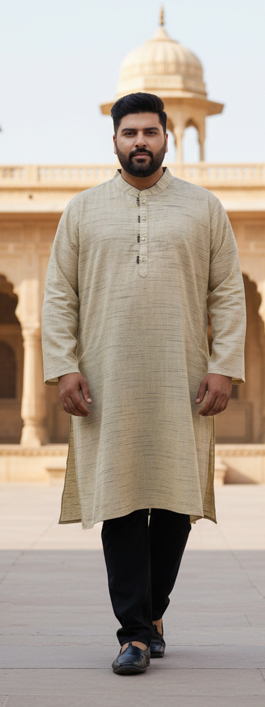 KPD4004 Beige Khadi Look With Black Lining Kurta Pyjama Set