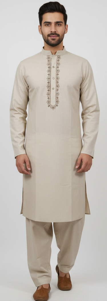 KPC1015 Beige Pathani Kurta Salwar Set