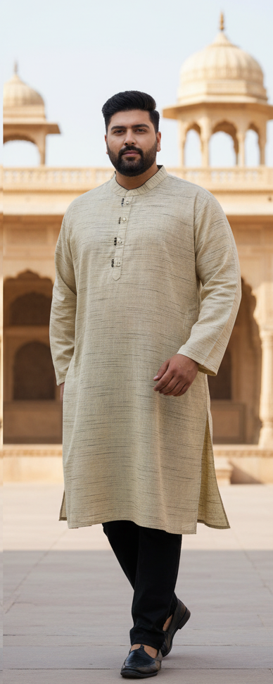KPD4004 Beige Khadi Look With Black Lining Kurta Pyjama Set