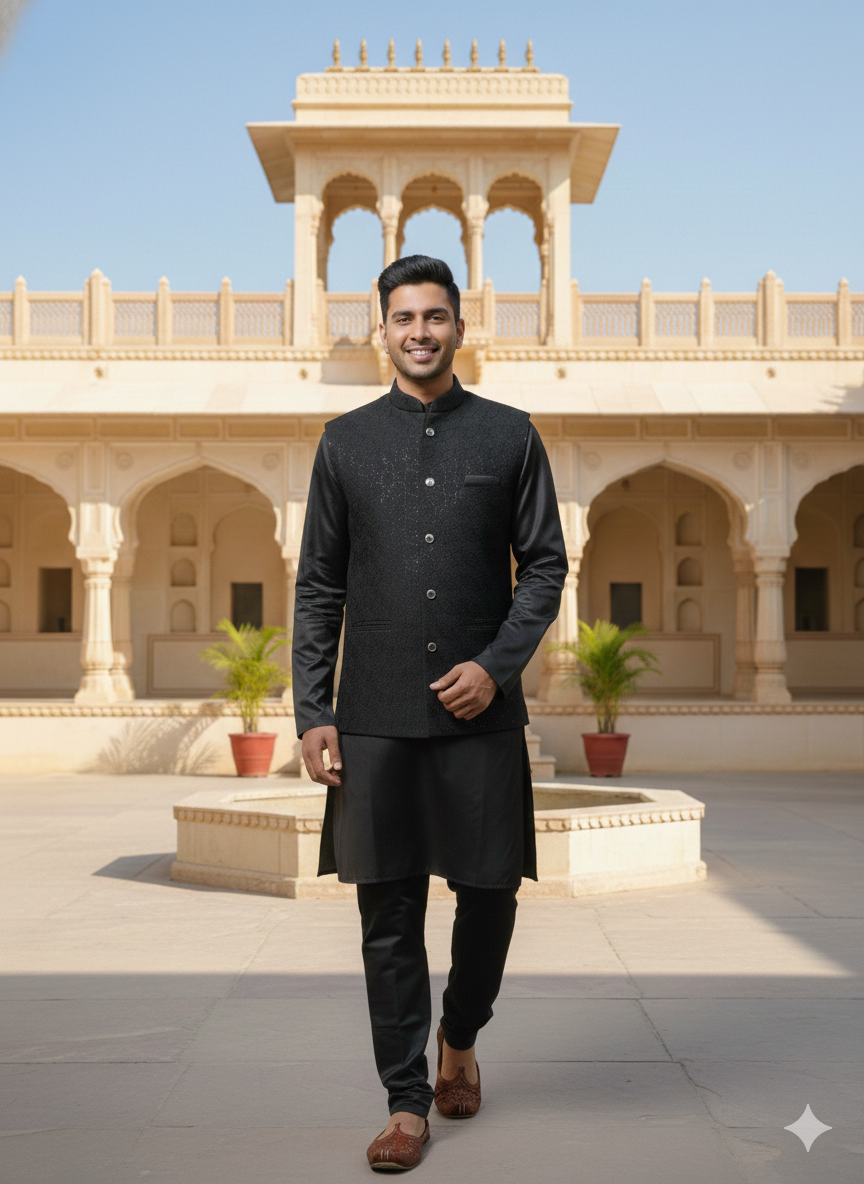 Man in a black kurta standing in front of a traditional building with arches and plants.