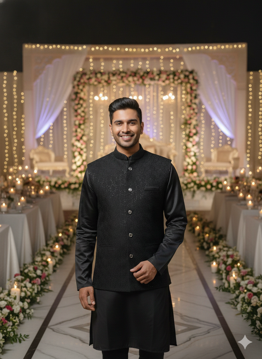Man in a black traditional outfit standing in a decorated indoor setting with lights and floral arrangements.
