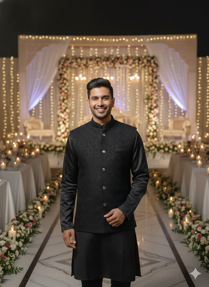Man in a black traditional outfit standing in a decorated indoor setting with lights and floral arrangements.