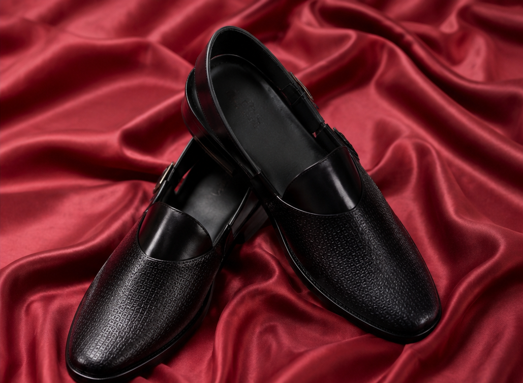 Black Textured Peshawari Sandals / Jutti for Men