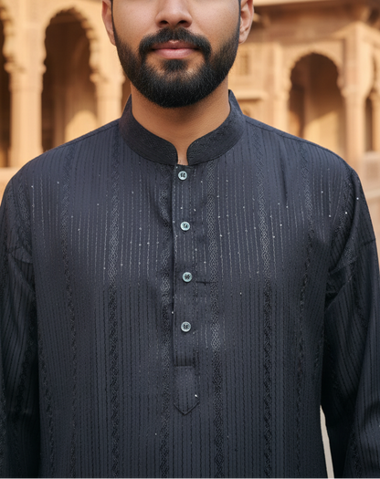 KPD6163 Black Cotton Kurta Pyjama Set