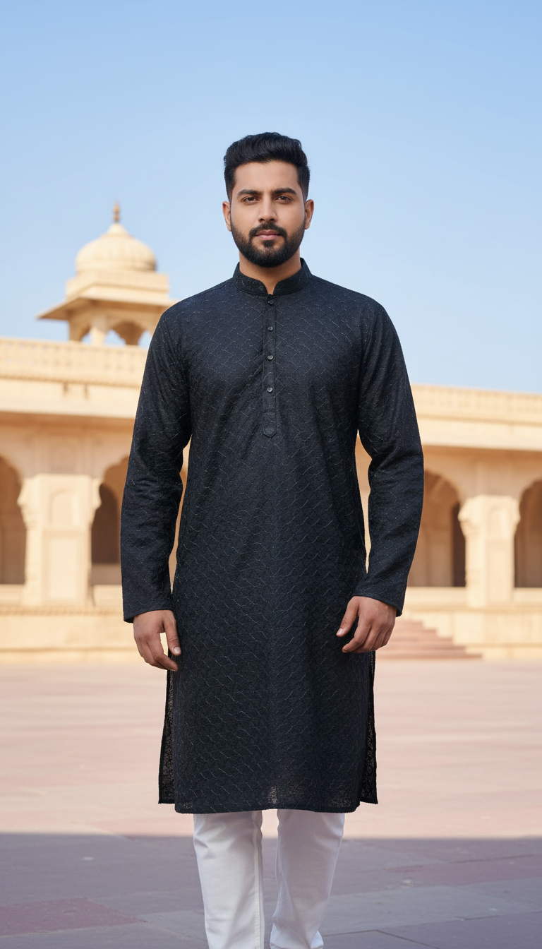 Man wearing a black kurta with white pants standing in front of a architectural background