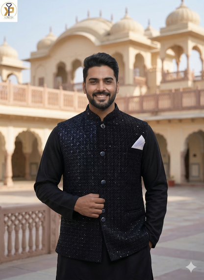 KPJ7069 Black Velvet Nehru Jacket