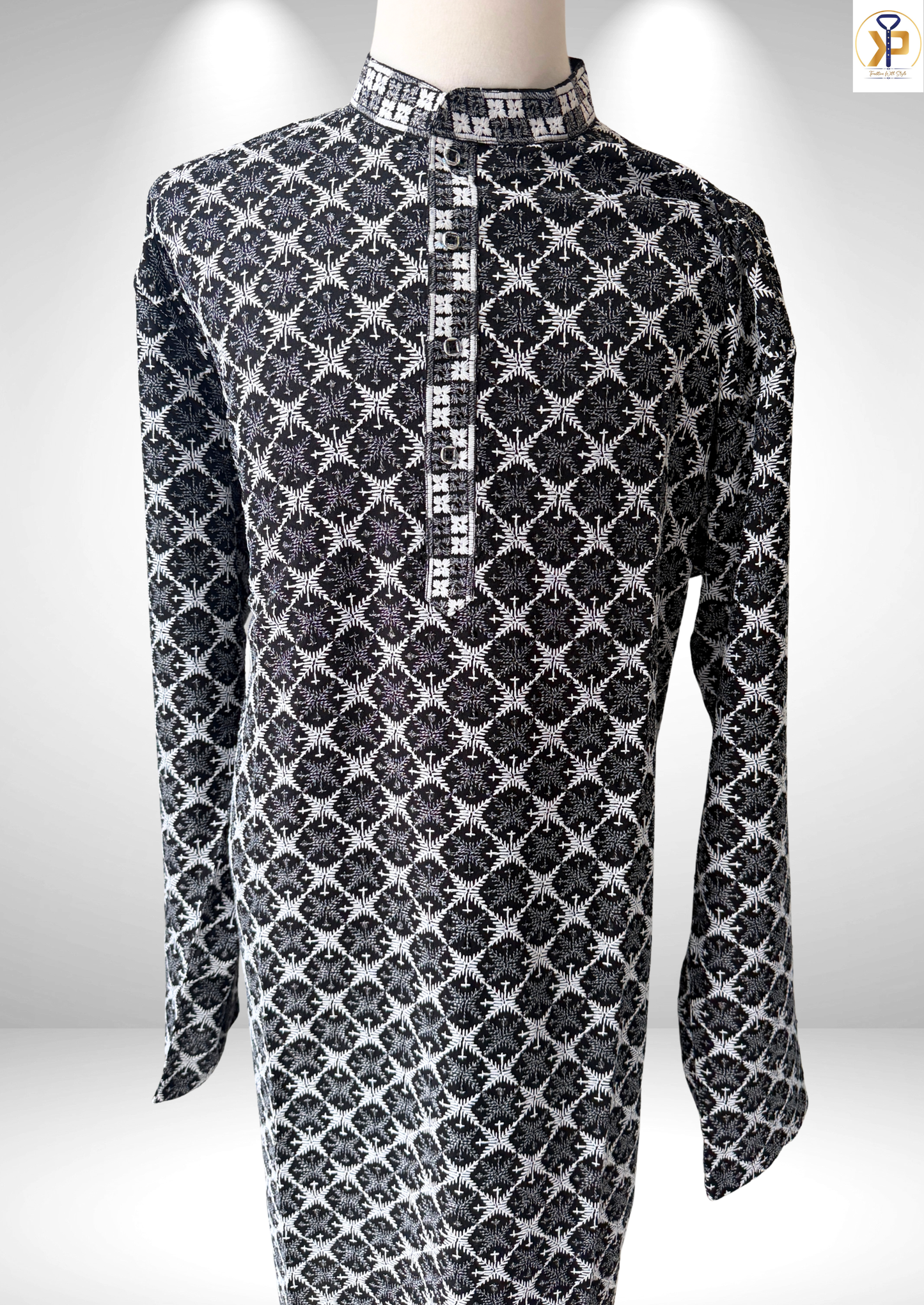 Black and white patterned plus size kurta