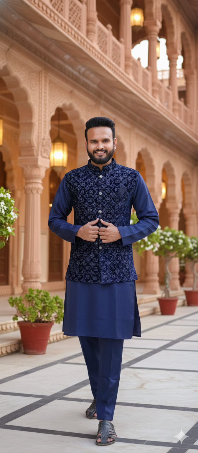 Man in traditional blue outfit standing in a decorative courtyard with arches and plants.