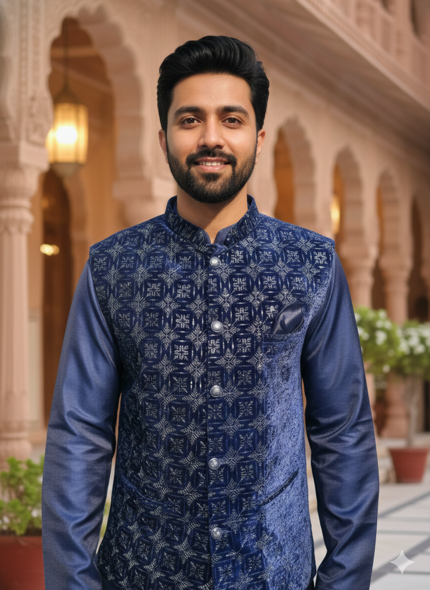 Man wearing a blue patterned shirt standing in front of an architectural building.