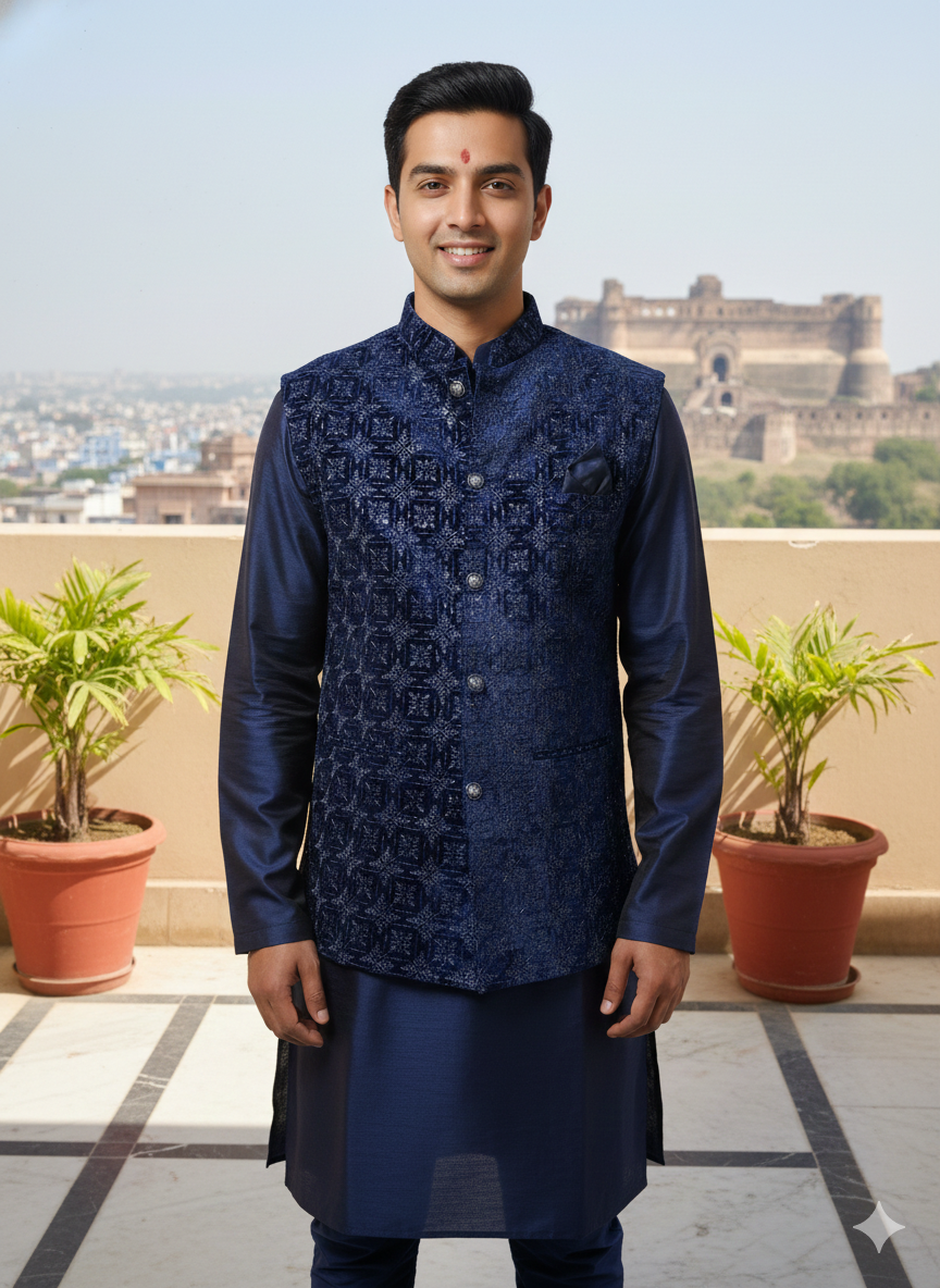 Man wearing a traditional navy blue kurta with a patterned vest on a rooftop with plants and a fort in the background.