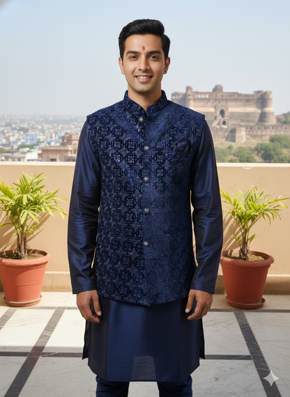 Man wearing a traditional navy blue kurta with a patterned vest on a rooftop with plants and a fort in the background.