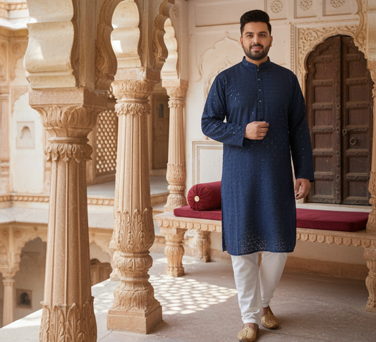 KPD4020 Plus Size Lucknowi Navy Blue Chikankari Kurta Pyjama For Men