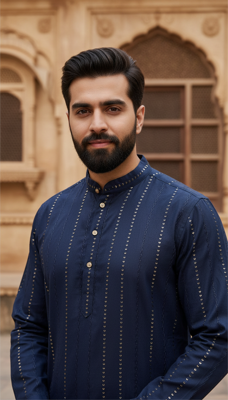 Man wearing a navy blue kurta with intricate patterns in front of an architectural background