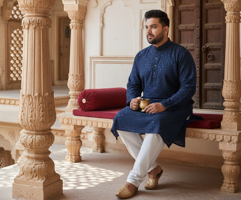 KPD4020 Plus Size Lucknowi Navy Blue Chikankari Kurta Pyjama For Men