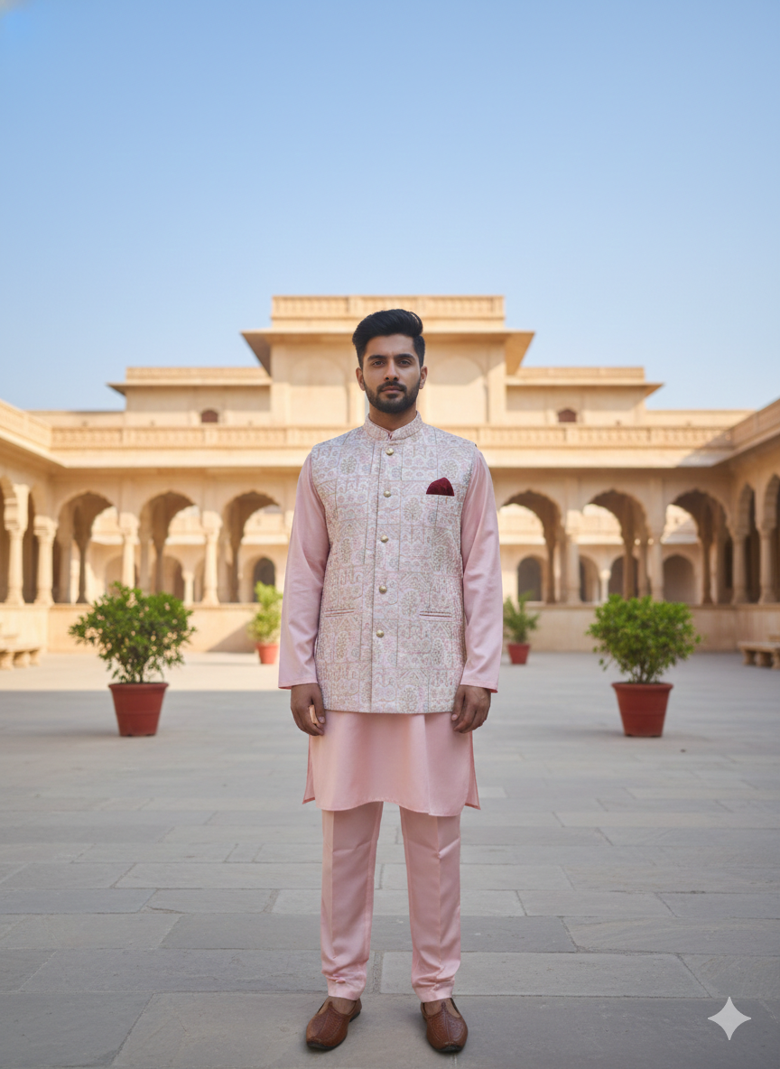 Man in traditional pink kurta, pyjama and jacket set standing in front of a historical building with a clear blue sky.