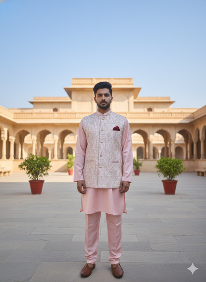 Man in traditional pink kurta, pyjama and jacket set standing in front of a historical building with a clear blue sky.