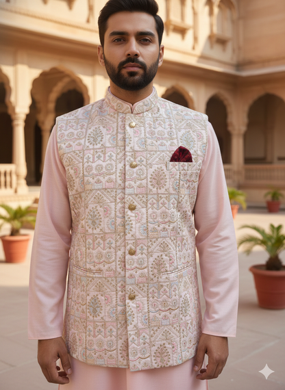 Man wearing a traditional embroidered jacket over a light pink kurta pyjama in an outdoor setting with arches and plants.