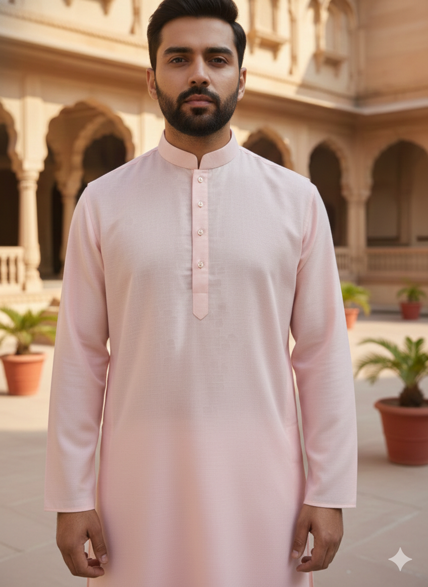 Man wearing a light pink kurta pyjama standing in front of an architectural background