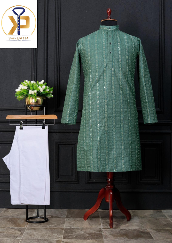 green chikankari kurta pyjama for men