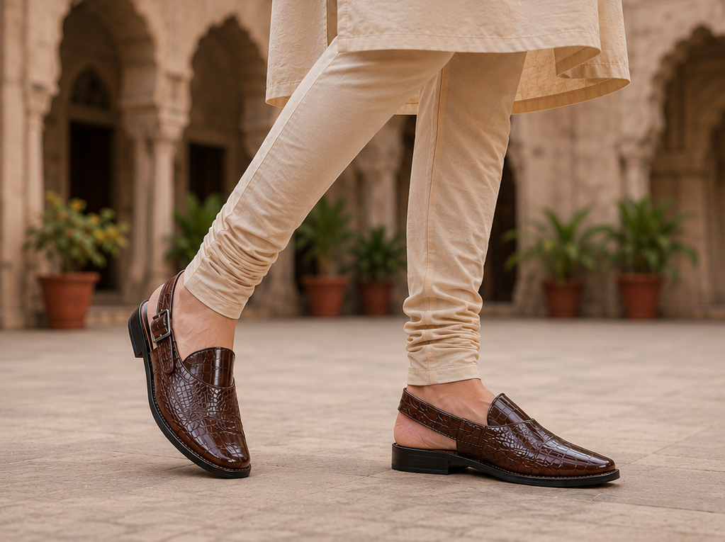 Brown Textured Peshawari Sandals / Jutti for Men 