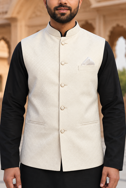 KPD6197 Black Kurta Pyjama and Ivory Cream Nehru Jacket Set