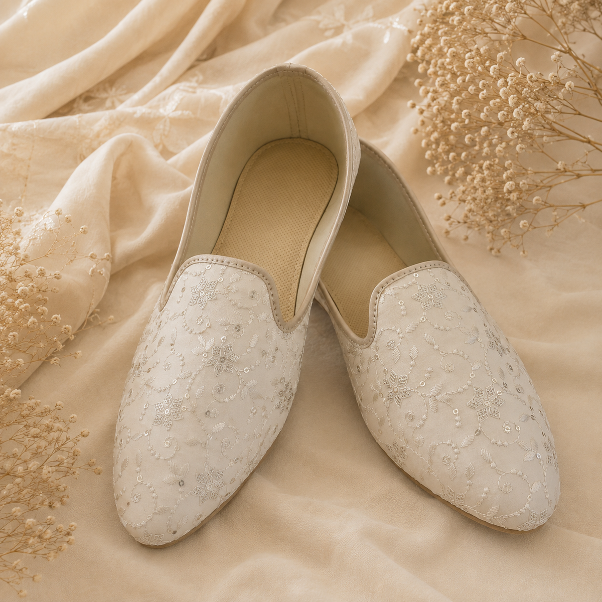 white jutti with work