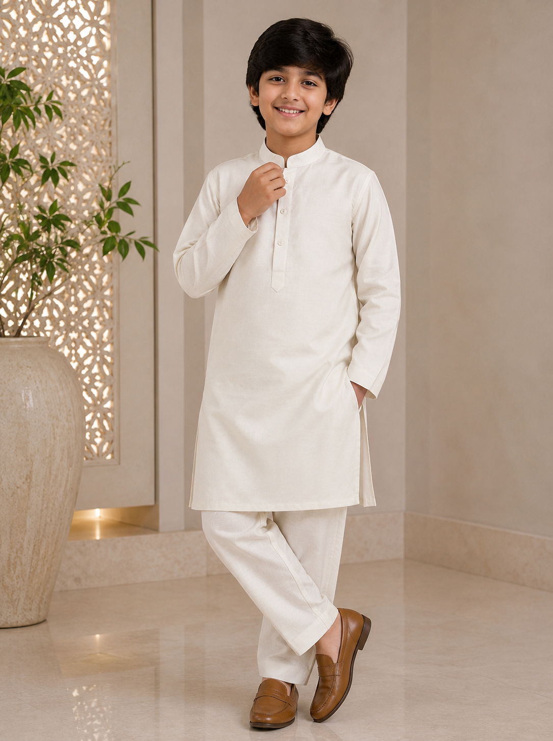 KPK2012 Classic Cream Kurta Pyjama Set for Boys